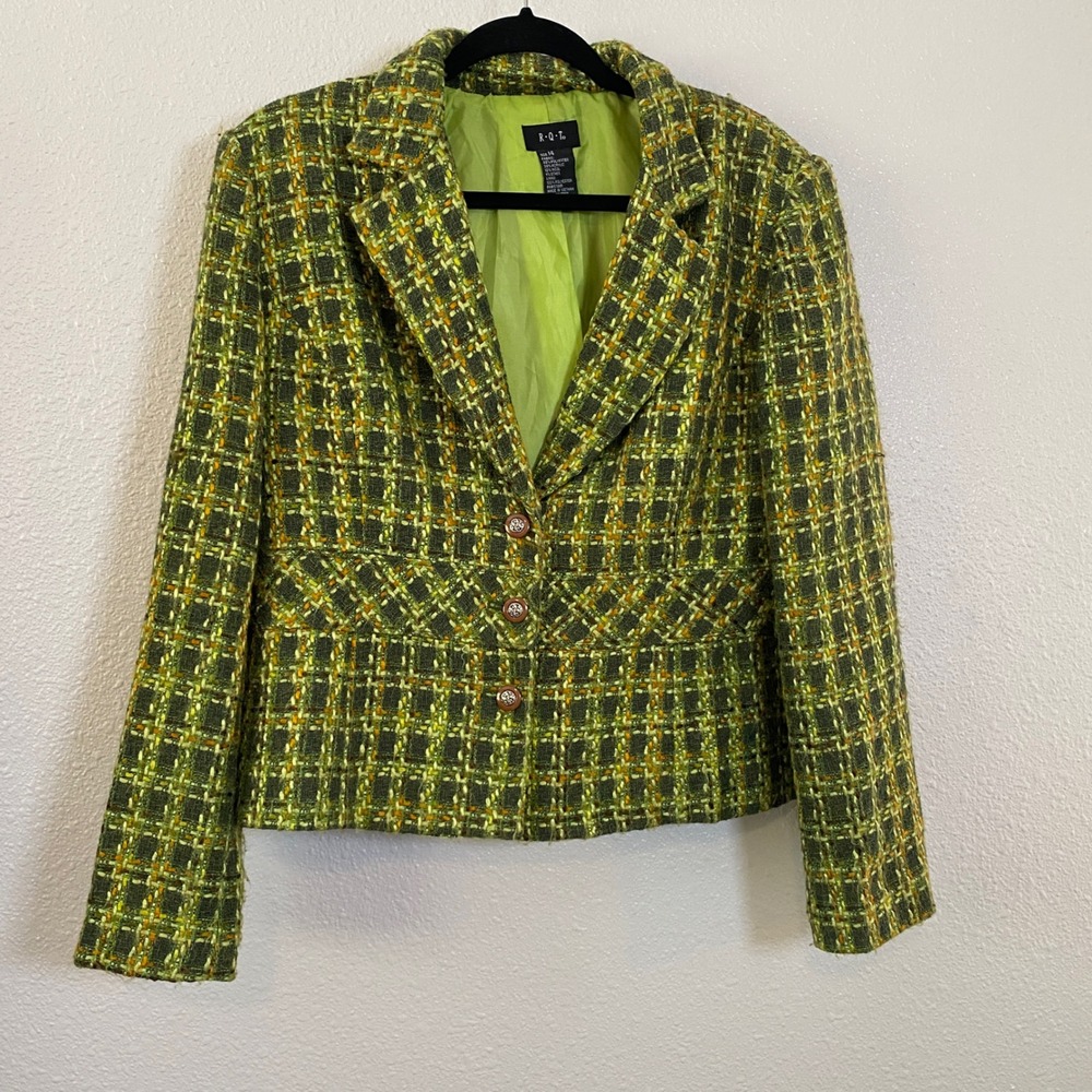 Vintage Y2K Green Tweed Wool Blend Preppy Old Money Academic Blazer Jacket Sz 14